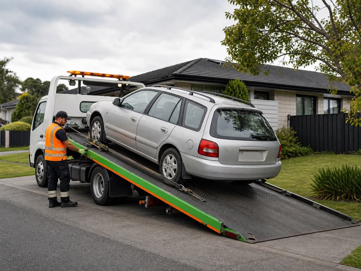 Flatbed tow truck collecting a non-running car in Auckland