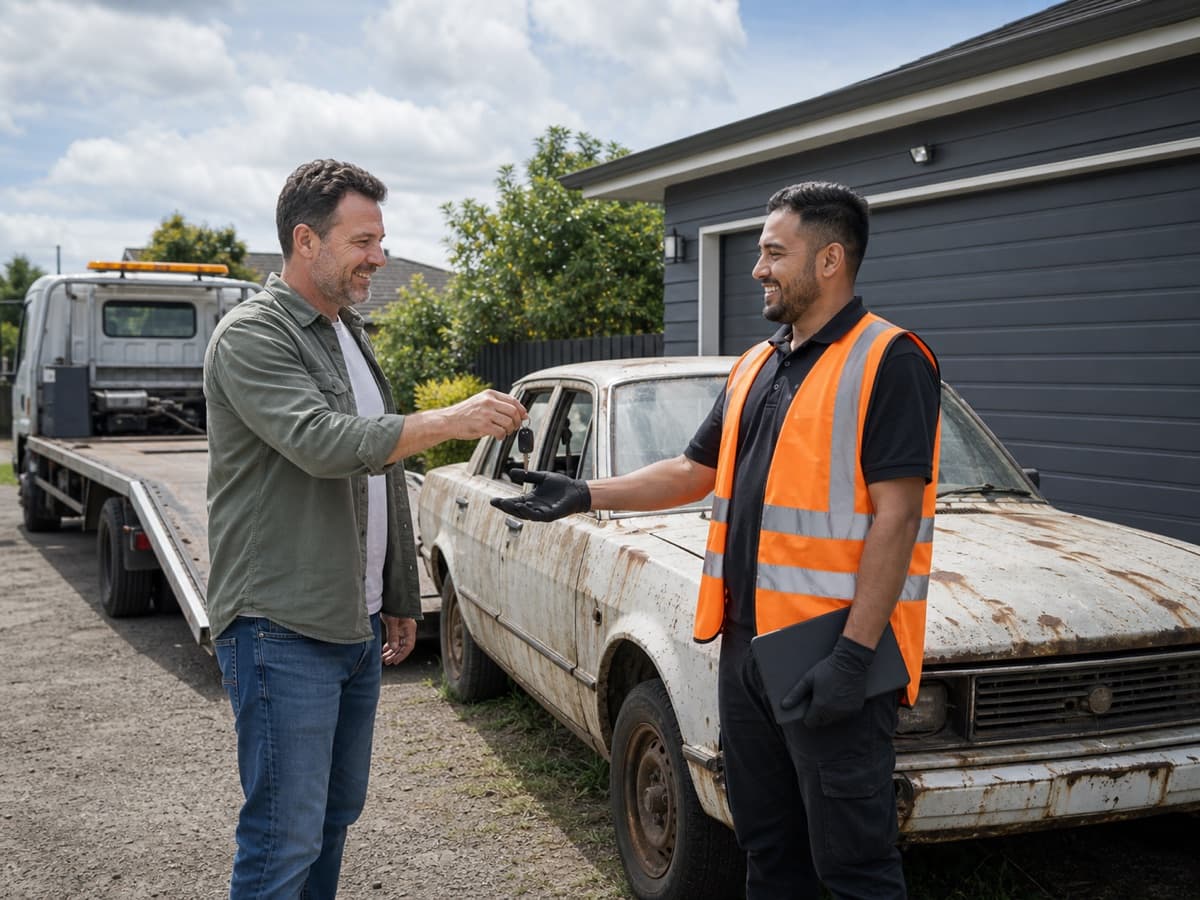 Owner handing over the keys to an old junk car