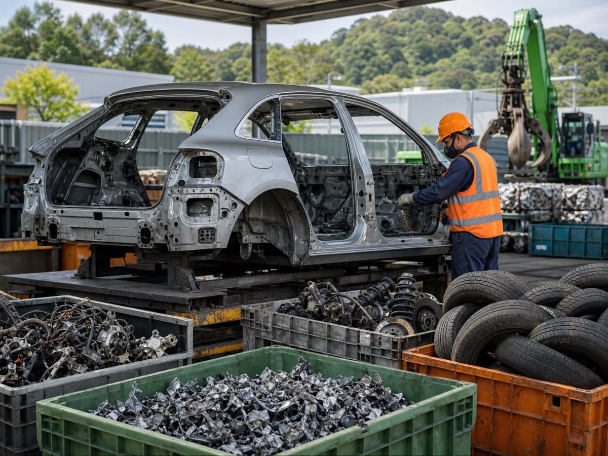 Vehicle shell and parts being processed for responsible recycling