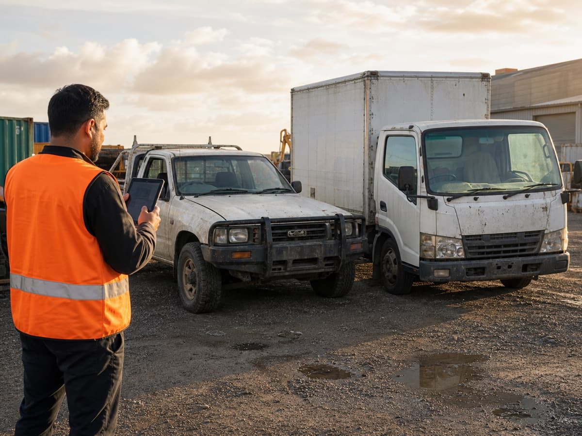 Buyer assessing an older work ute and commercial truck